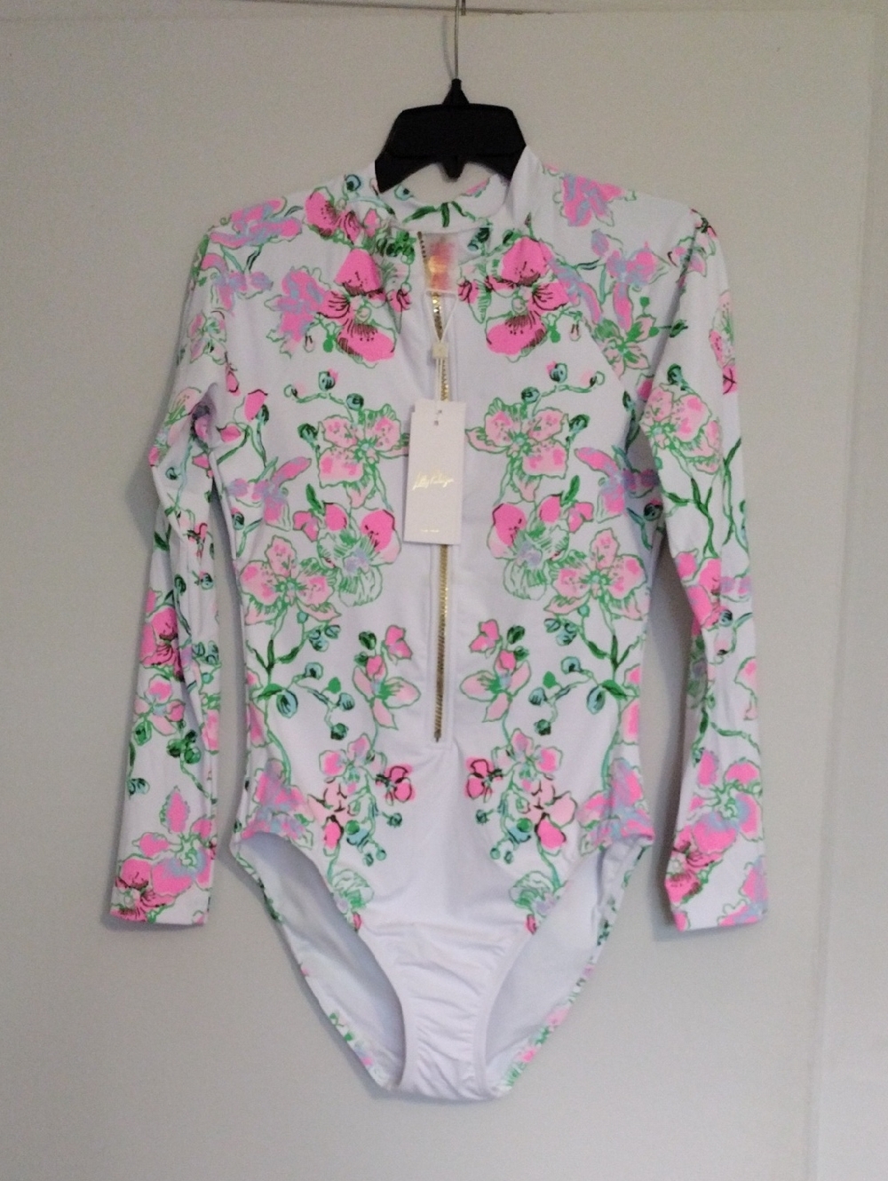 Lilly Pulitzer White Long-Sleeve One-Piece with Pink and Green Floral Print